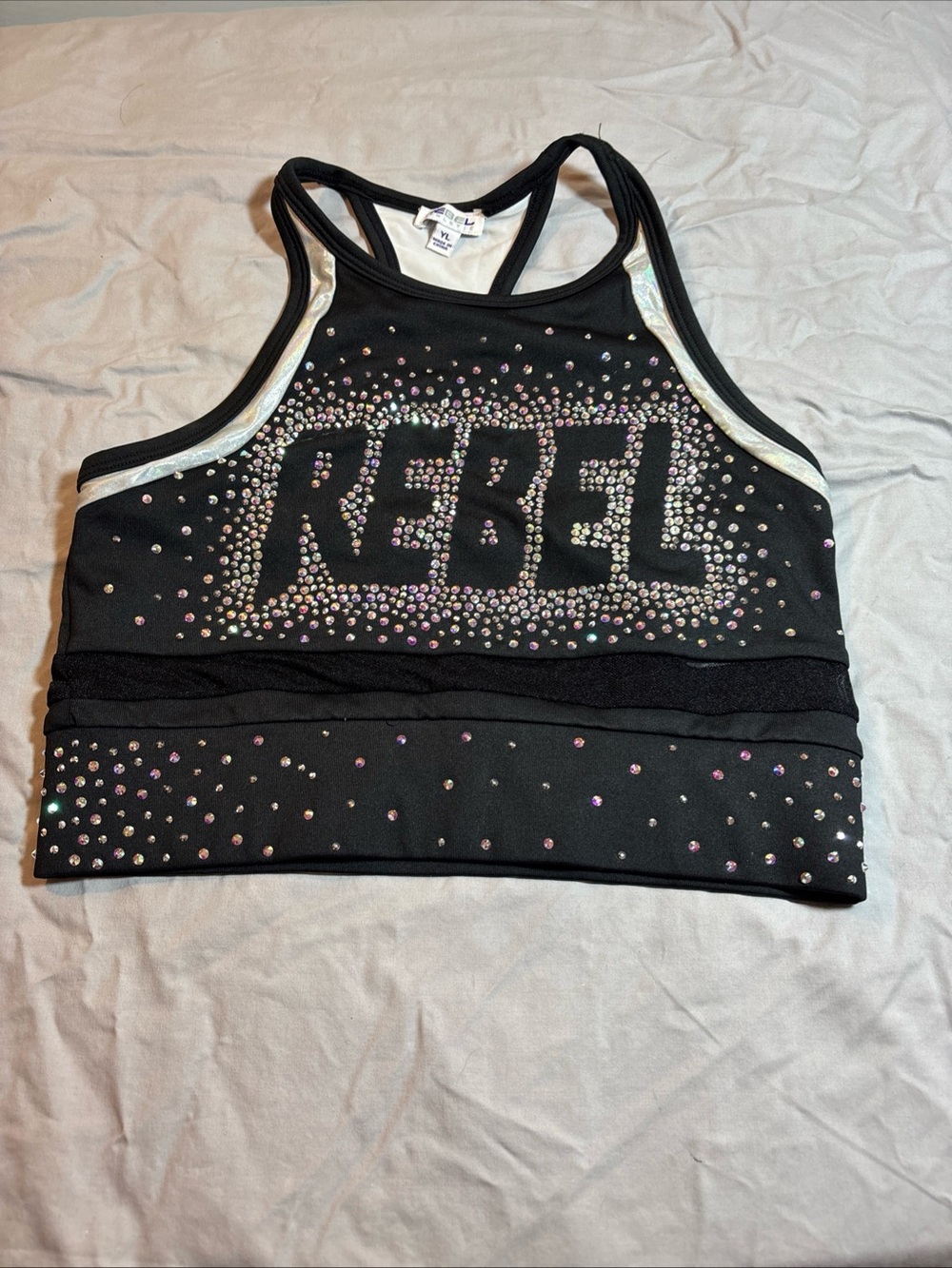 Kids Black 'REBEL' Rhinestone athletic bra Crop Tank Top 449 - Picture 2 of 7